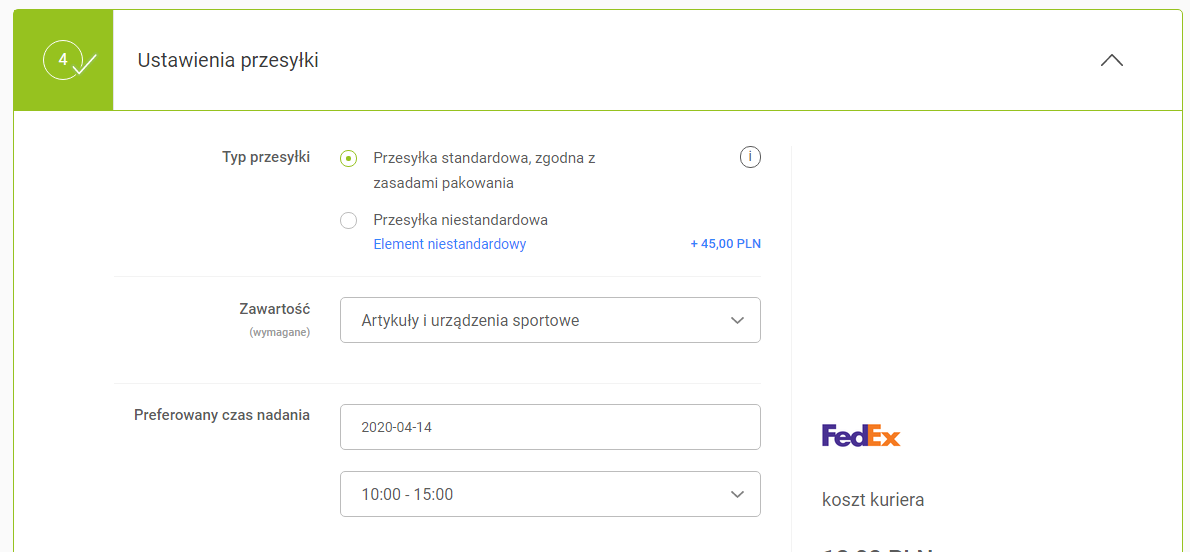 przesyłka niestandardowa, formularz zamówienia, informacje o przesyłce niestandardowej