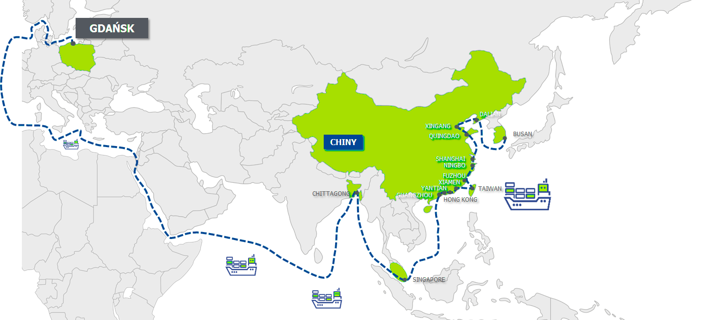 import do Azji, import frachtem morskim, fracht morski, mapa frachtu morskiego