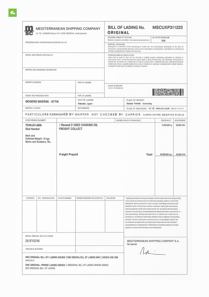 konosament morski wzór