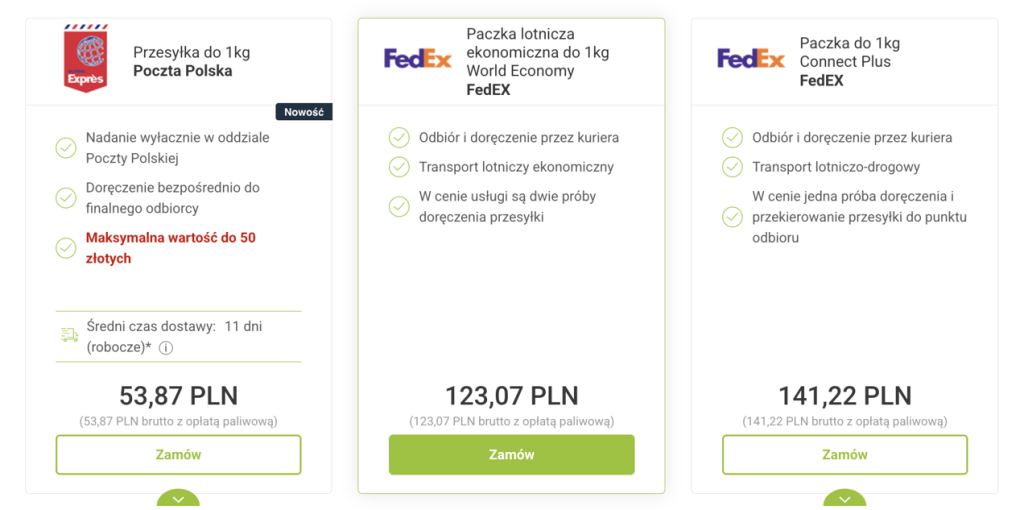 list do kanady cena poczta polska